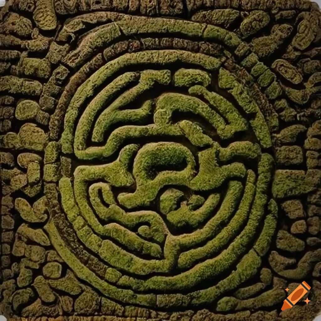 Mayan-style labyrinth carved on moss-covered stone slab