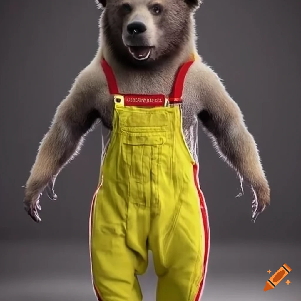 Bipedal bear in striped overalls inside a containment cell