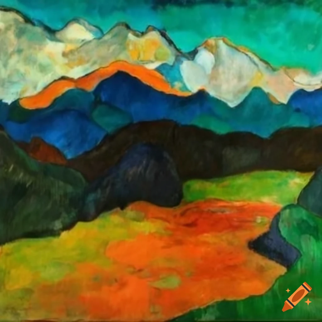 abstract landscape painting with blue mountain peaks