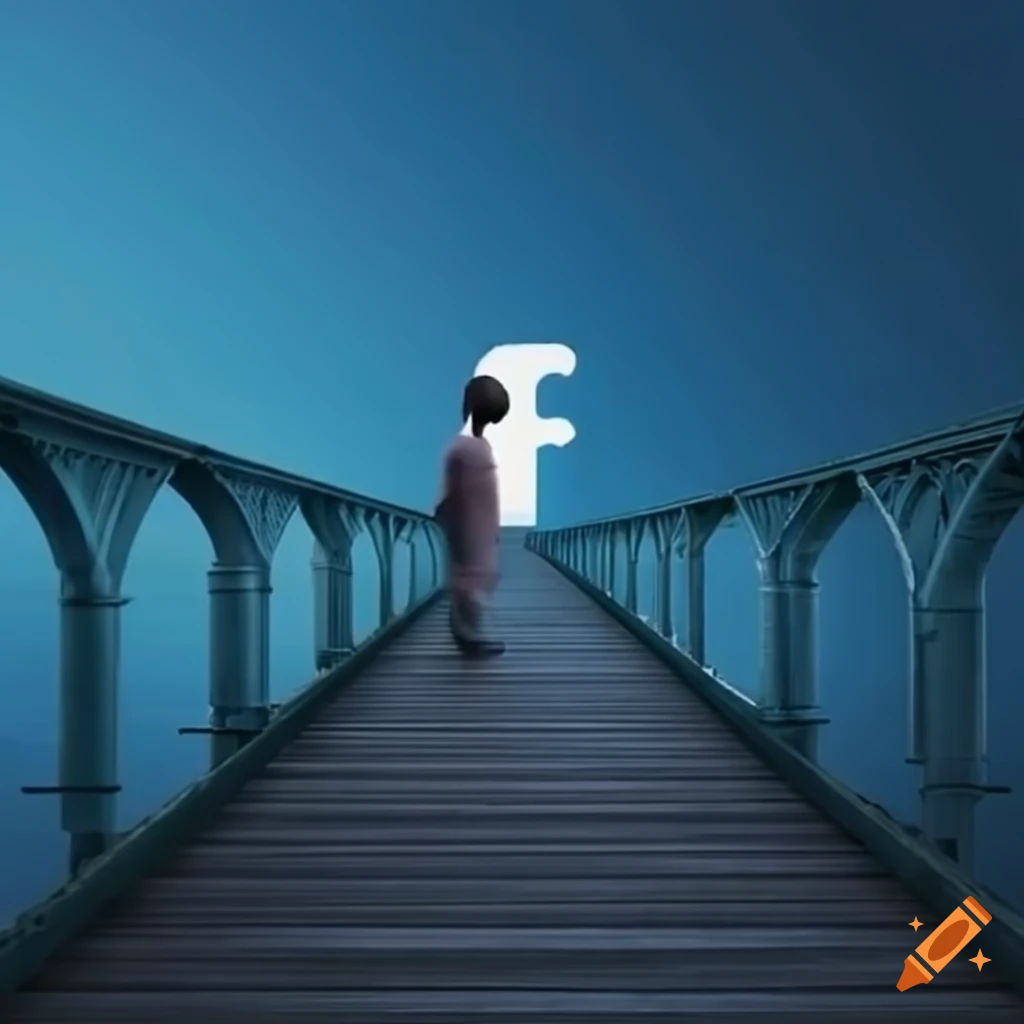 person walking on a bridge with Facebook logo