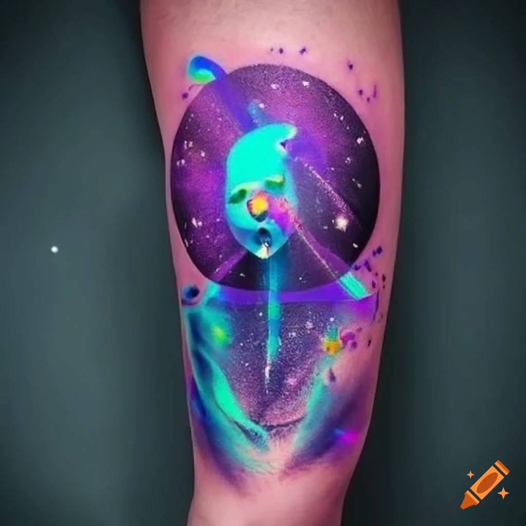 A tattoo on an arm of a nebula with stars in a galaxy