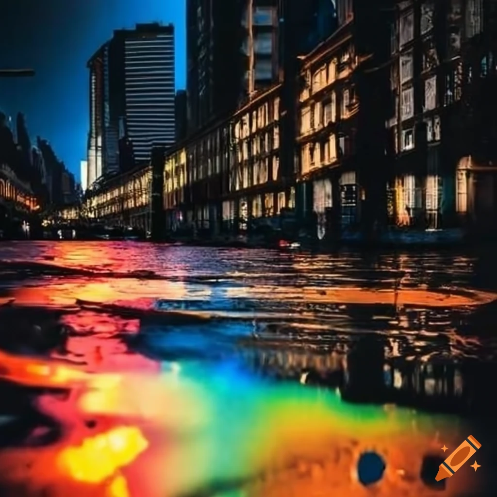 rainbow reflected in a city puddle