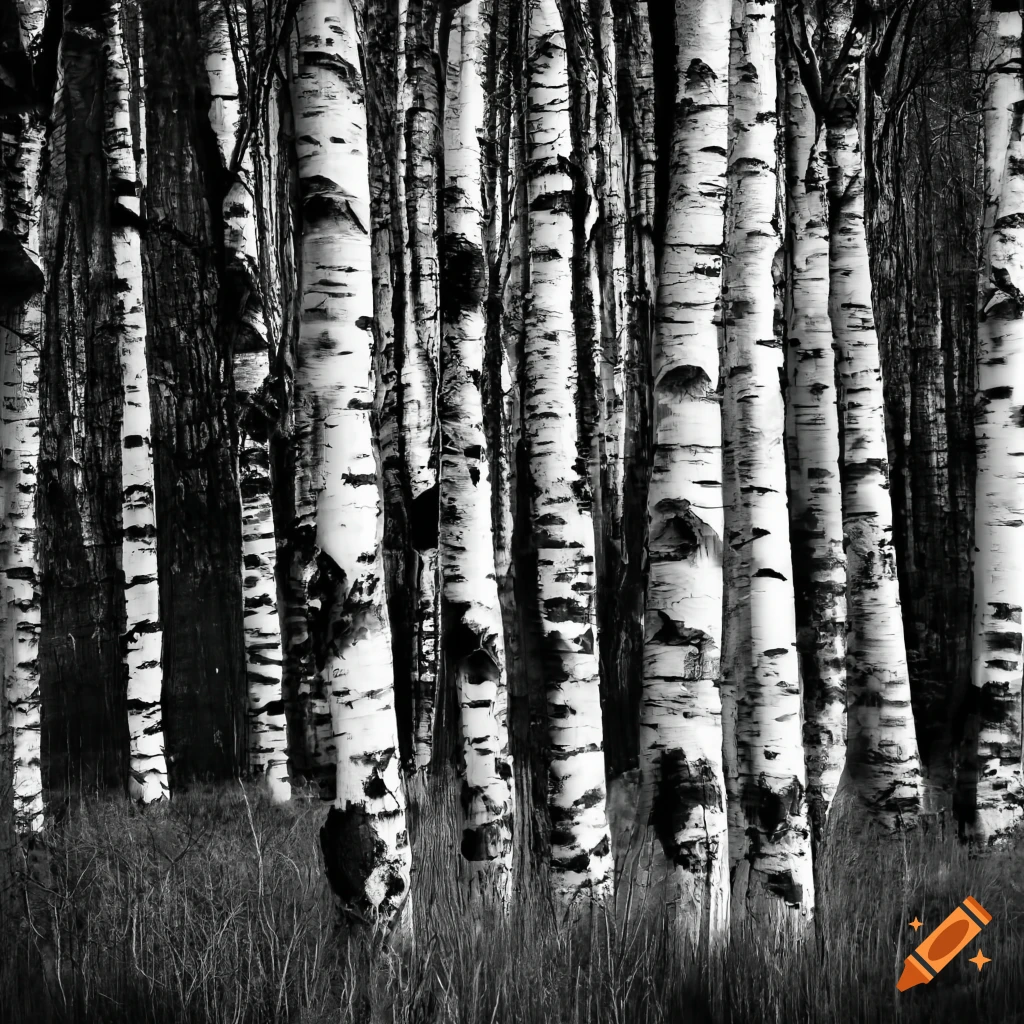high resolution black and white photo of birch trees