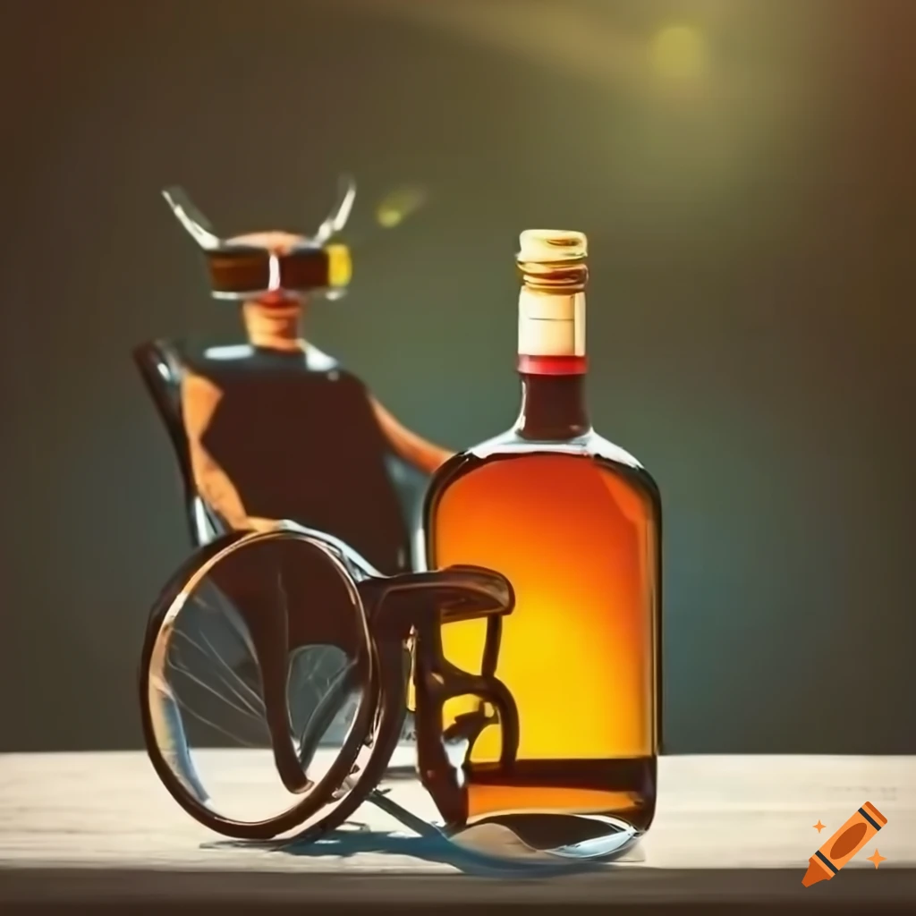 personified liquor bottle with sunglasses enjoying the sun