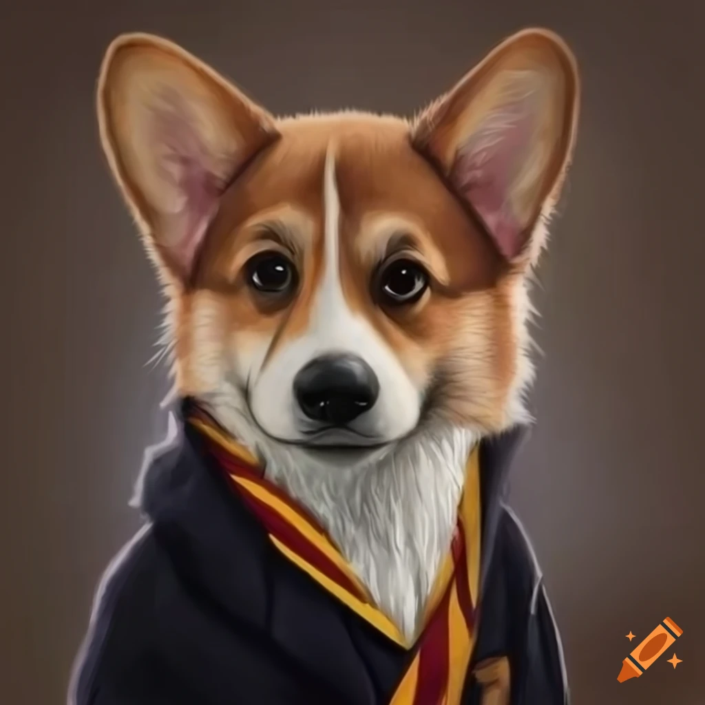 hyper realistic drawing of a baby corgi in Gryffindor robe