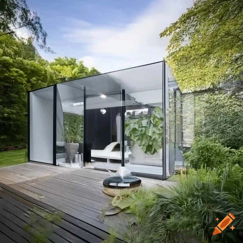 Ultra modern grey garden room with glass and metal