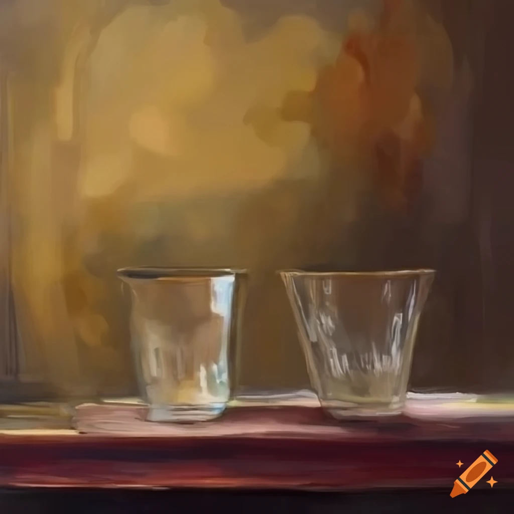oil painting of two empty transparent cups on a table