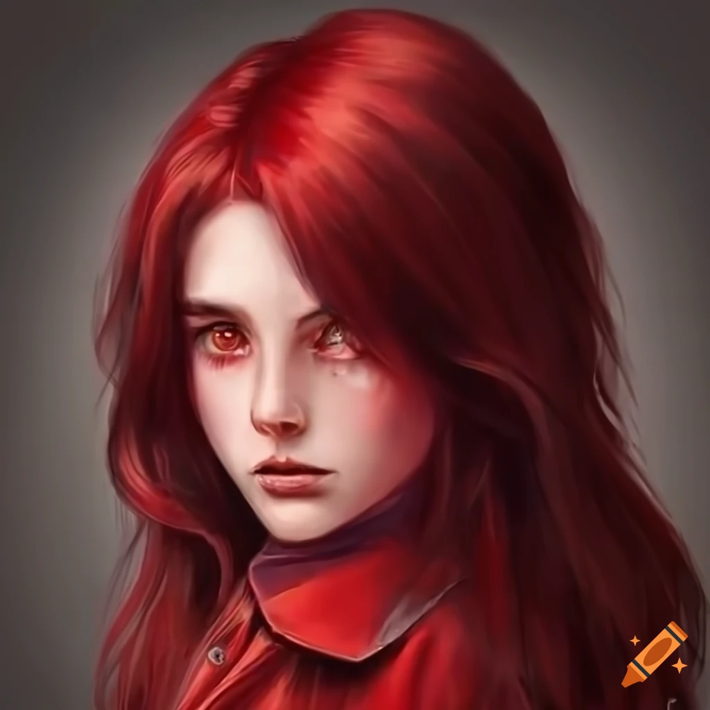portrait of a young woman with crimson hair and eyes