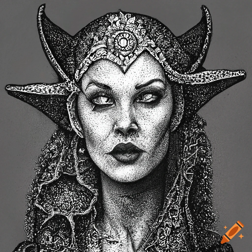 Stipple drawing of a darkling sorceress portrait