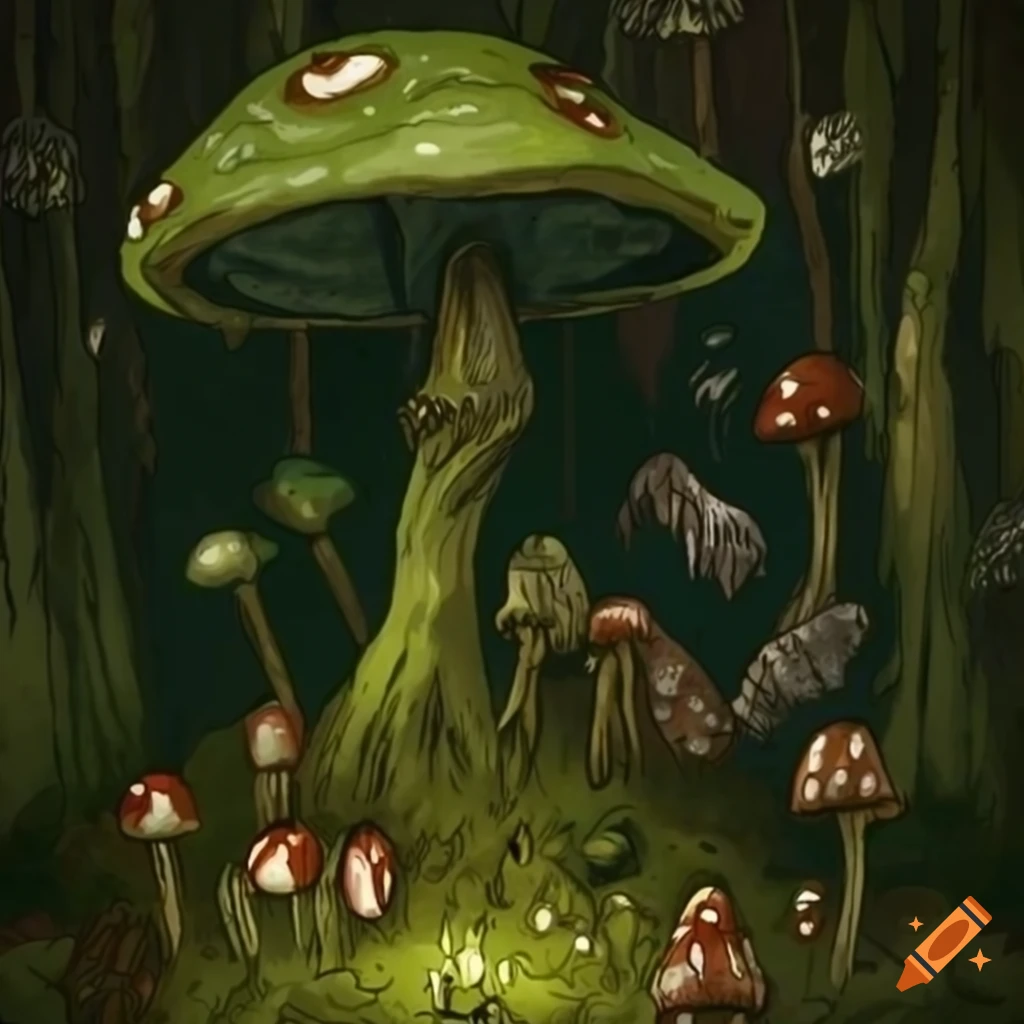 Mushrooms and moss in a goblincore-inspired wallpaper on Craiyon