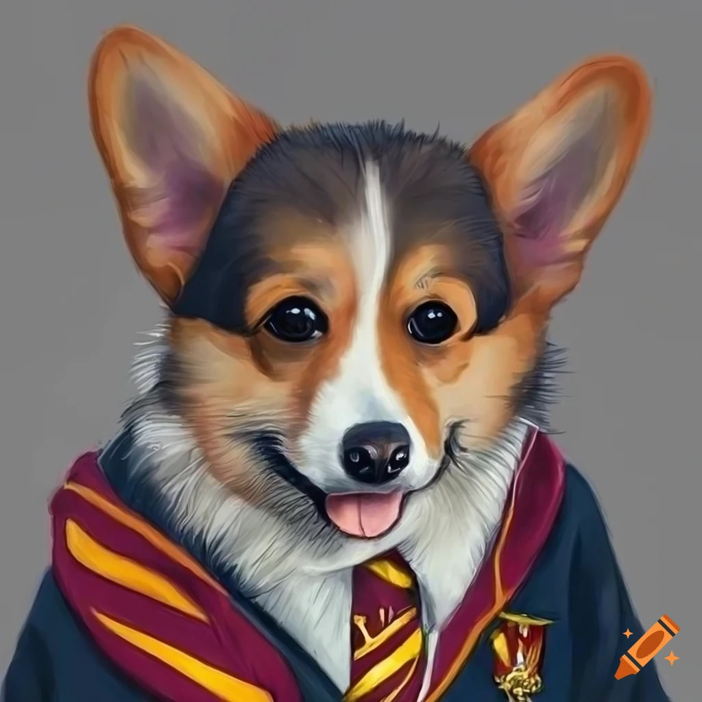 hyper detailed drawing of a corgi in a Gryffindor uniform