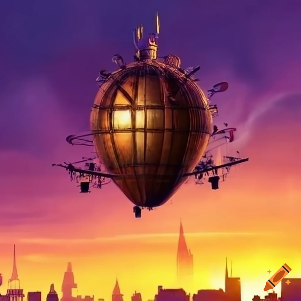 steampunk airship soaring through the clouds