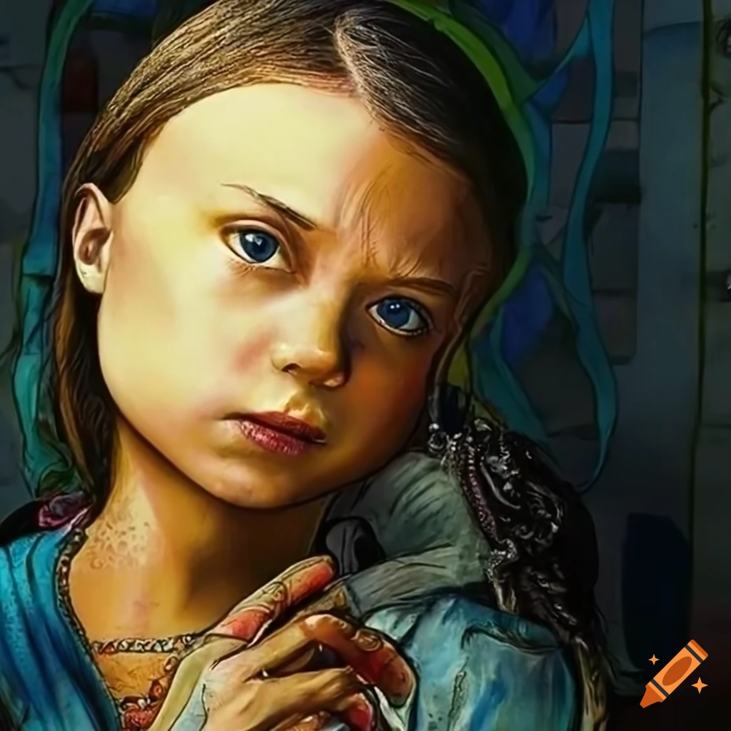 stained glass pinup portrait of Greta Thunberg