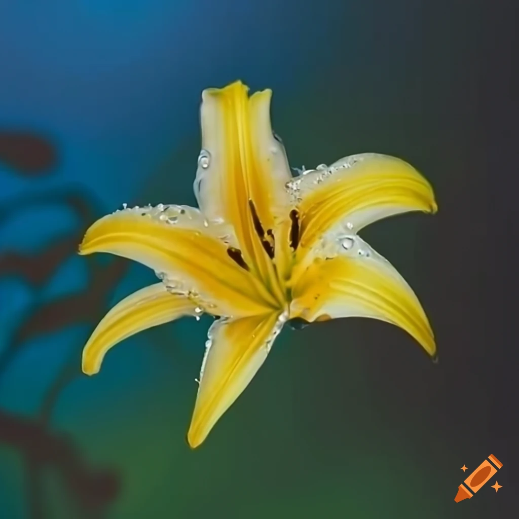 dew-covered white and yellow lily against blue sky