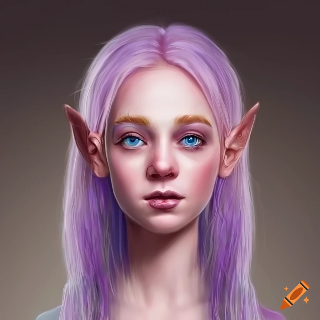 Illustration of a beautiful light pink elf with lavender hair on Craiyon