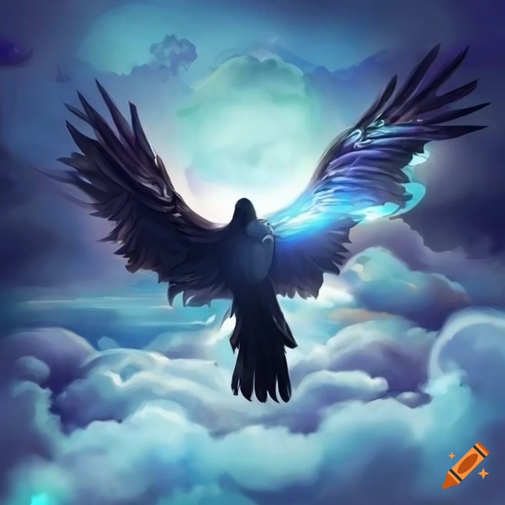 fantasy art of a crow in heavenly clouds