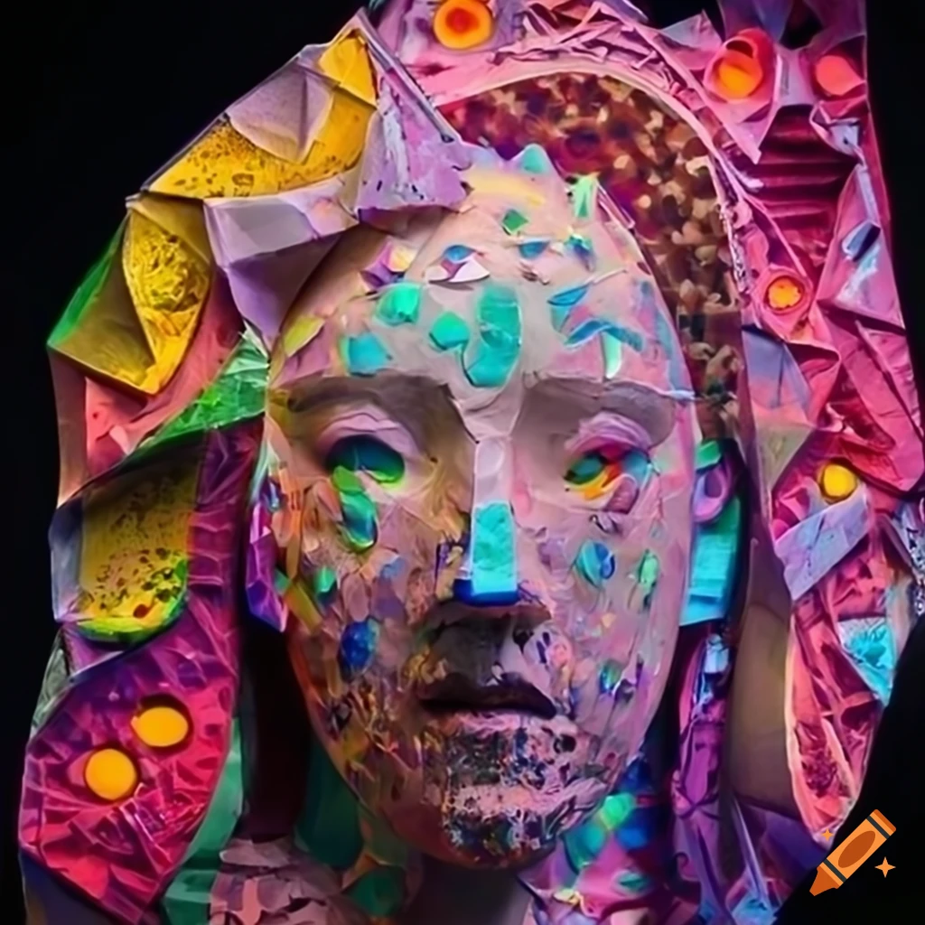 sculpture of colourful origami figures with intricate details