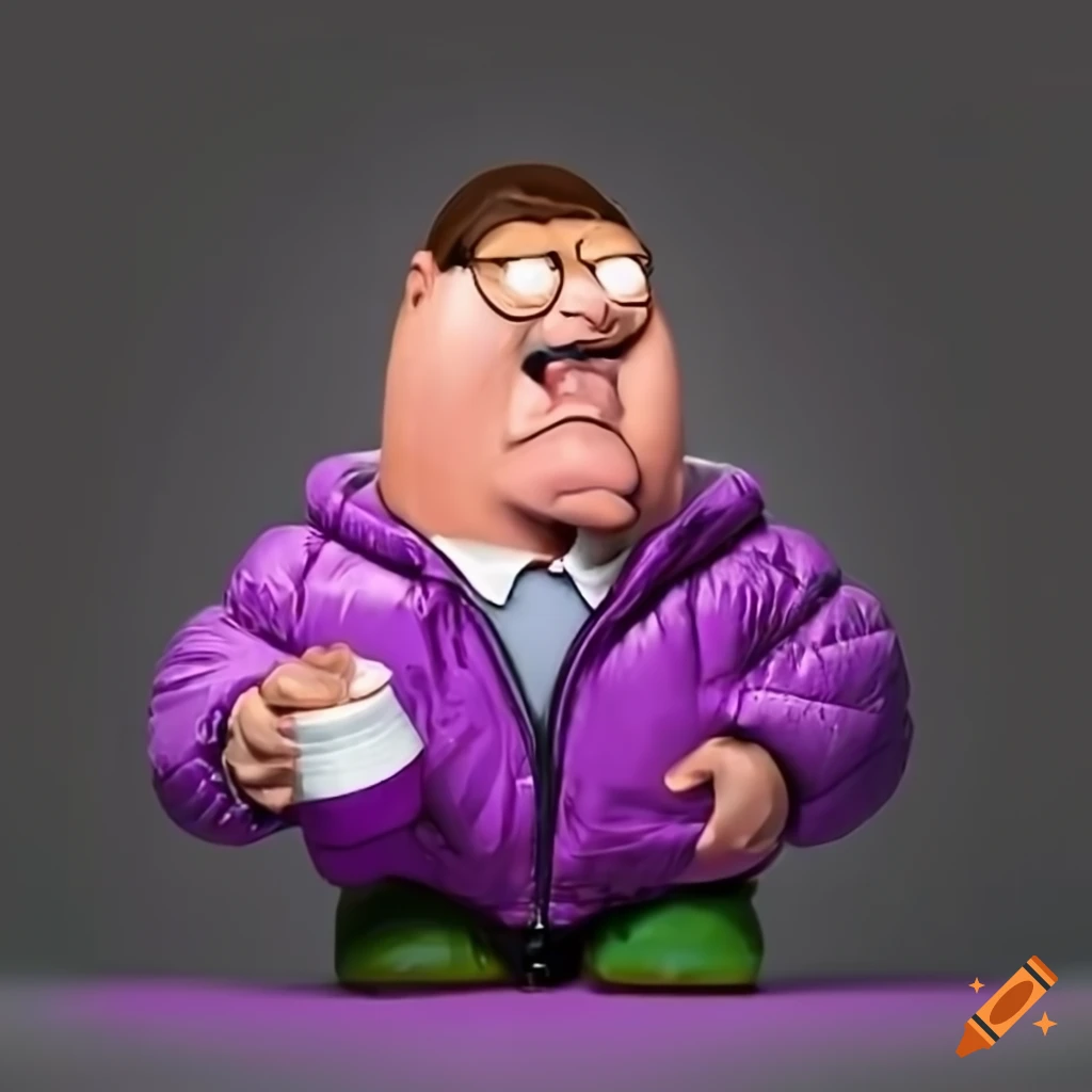 Peter griffin drinking purple in a black puffer jacket