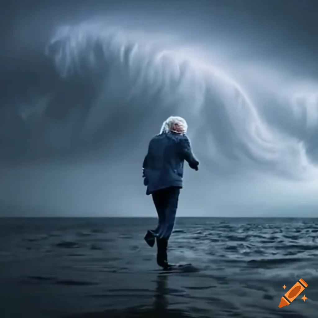 image of Bernie Sanders running away from a hurricane