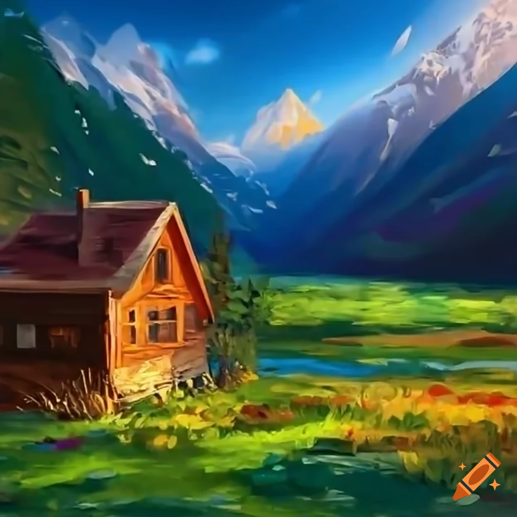 Oil Painting Of A Wooden House In A Spring Valley On Craiyon