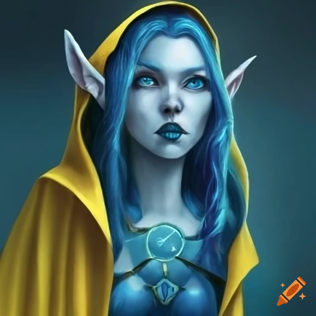 Artwork of a blue elf in a yellow cloak on Craiyon