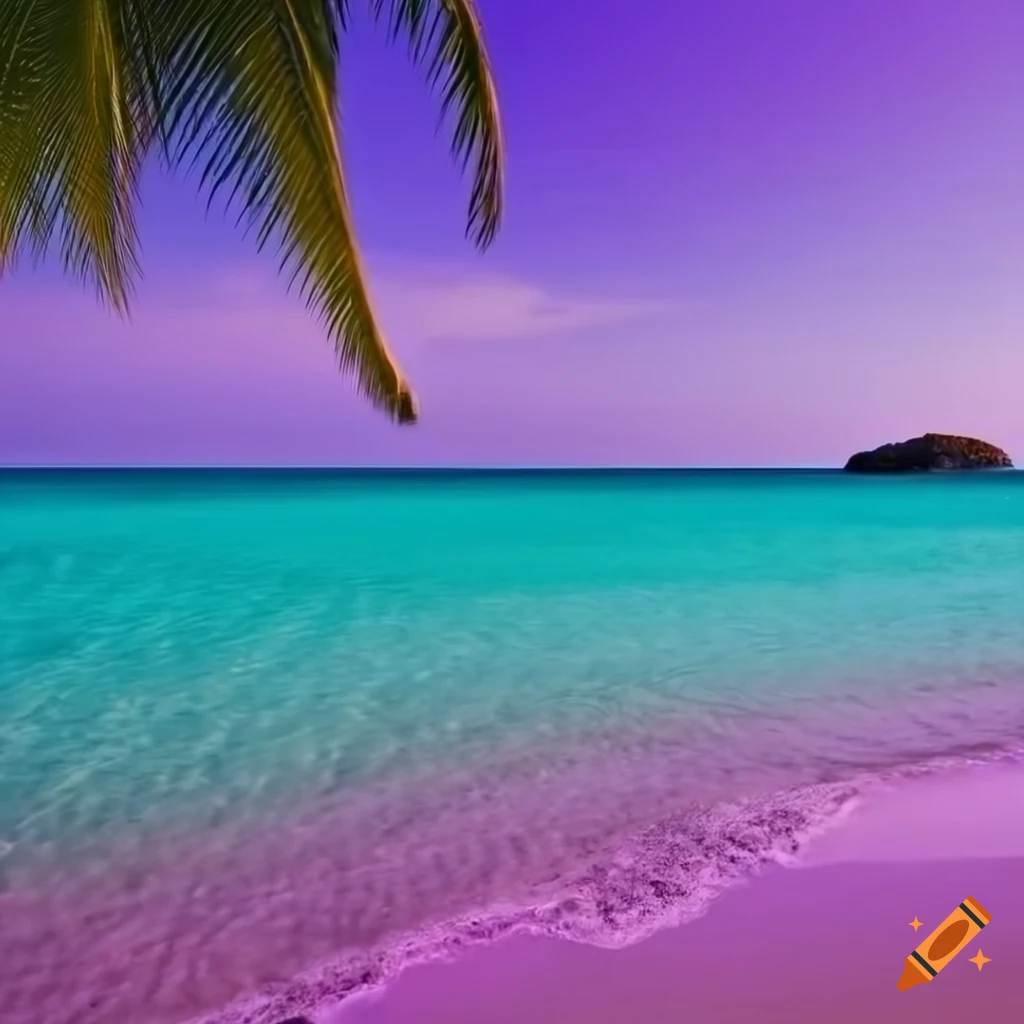 photo of a violet sandy beach and turquoise sea