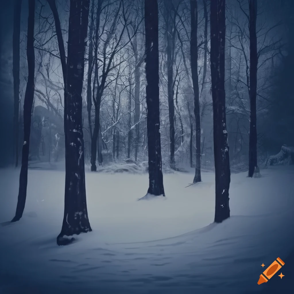 dark vintage picture of a snow forest at night
