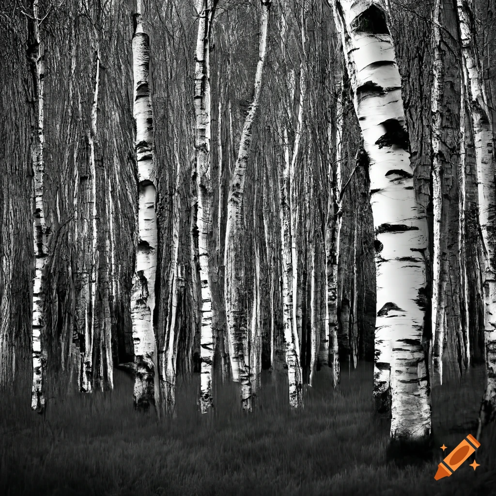 black and white close-up of birch trees