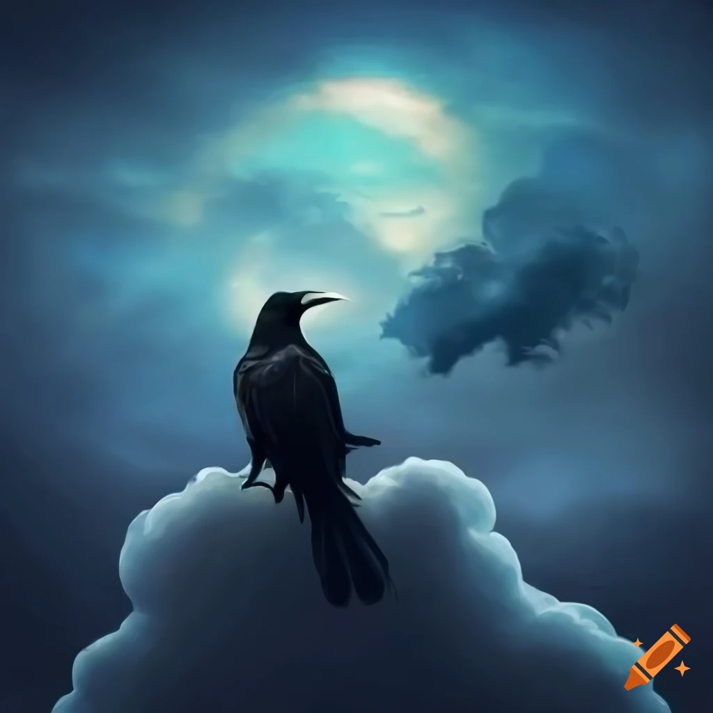 crow resting on a cloud in a fantasy setting