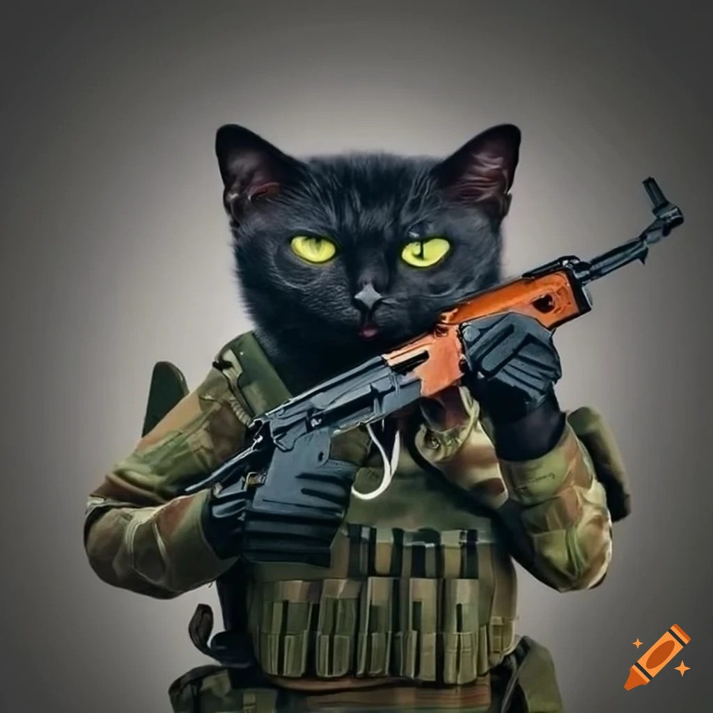 black cat in tactical suit holding an AK 47