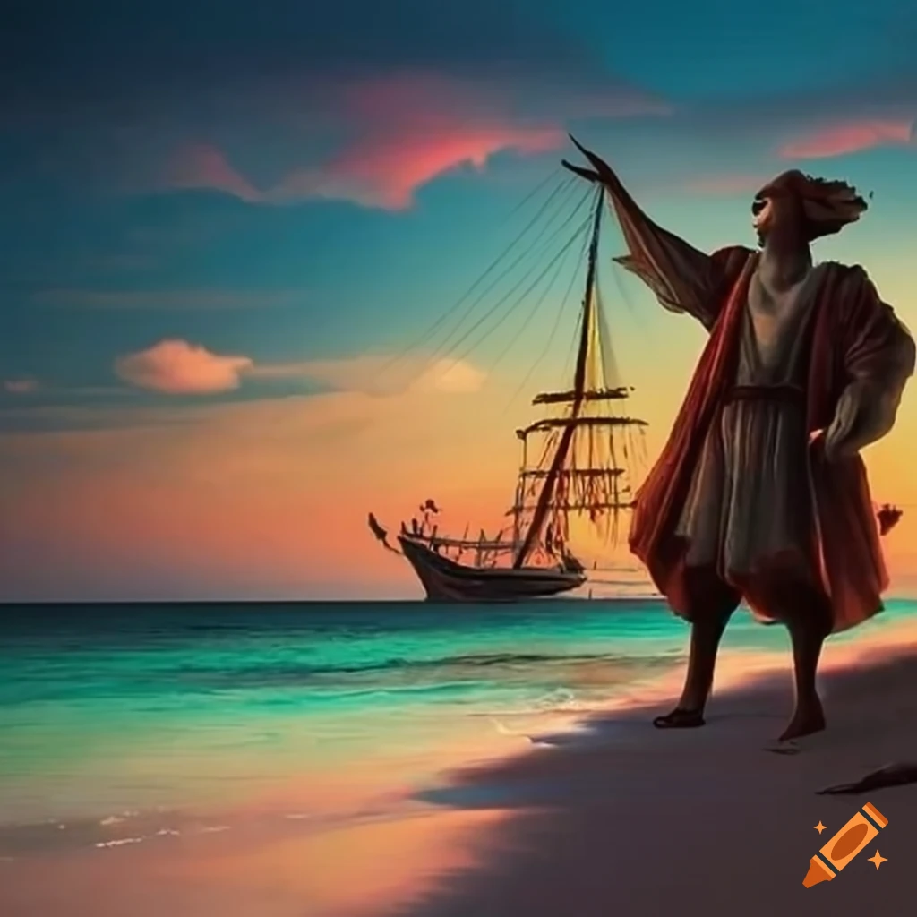Christopher Columbus walking beside his ship on a Jamaican beach