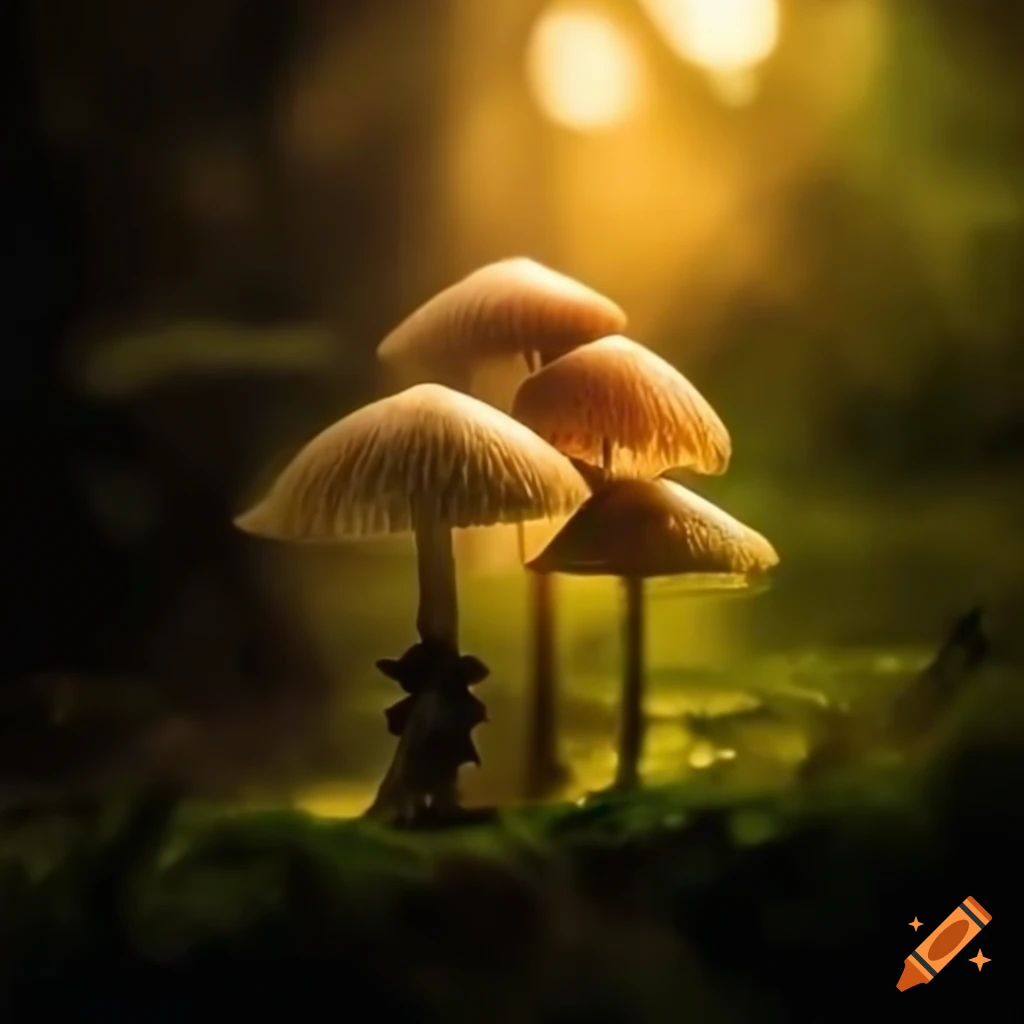 raindrop-covered mushrooms reflecting a magical scene
