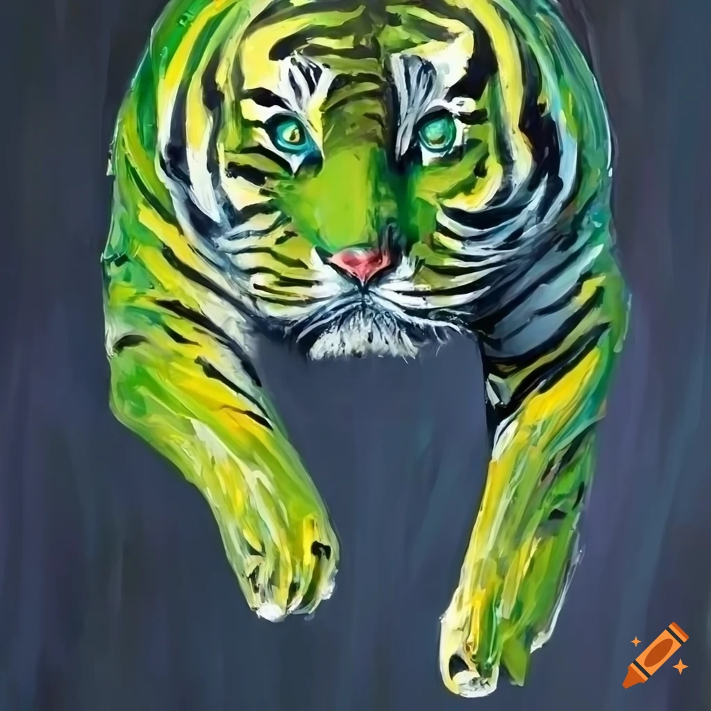Knife palette painting of a scared tiger falling into darkness