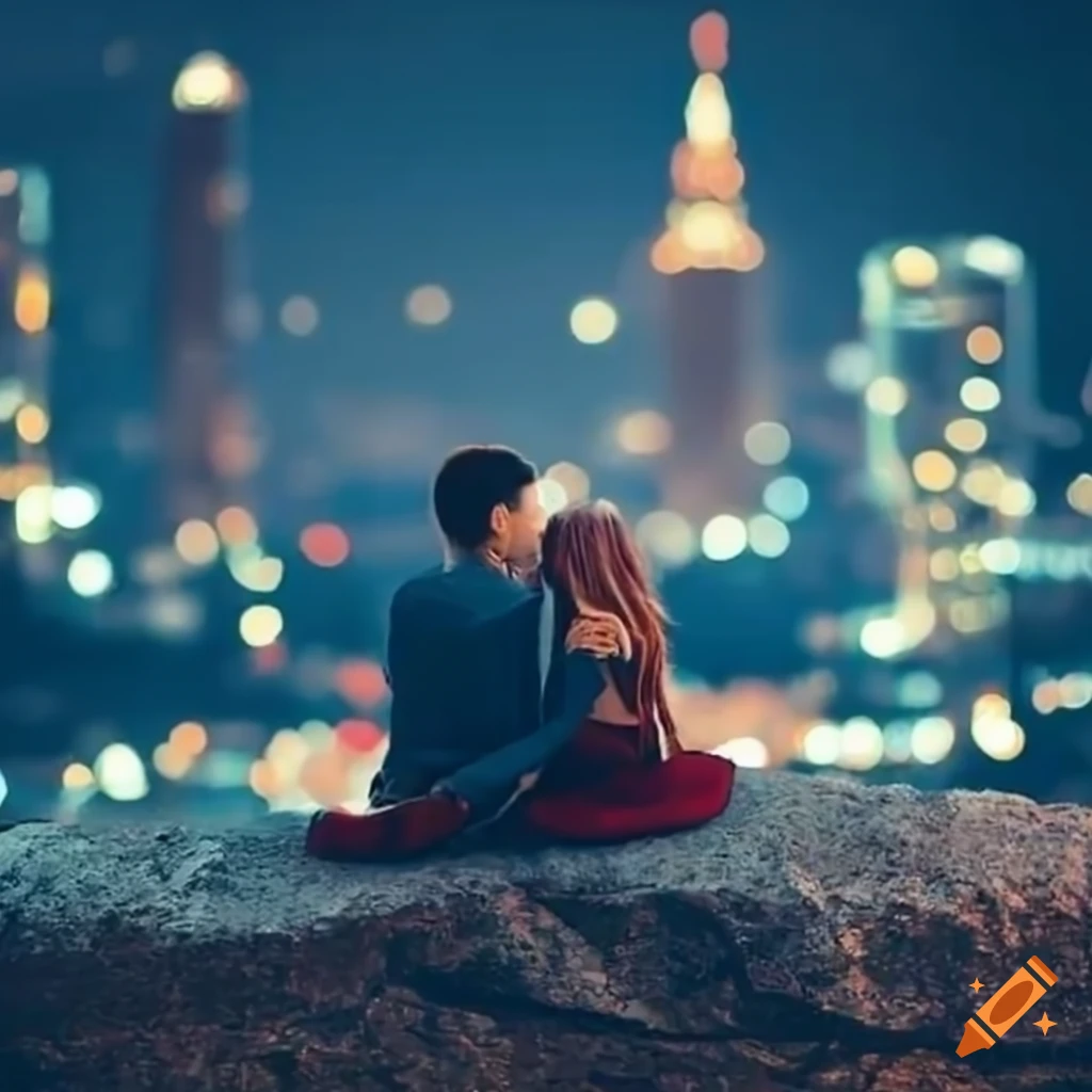 couple sitting on a rock enjoying city lights