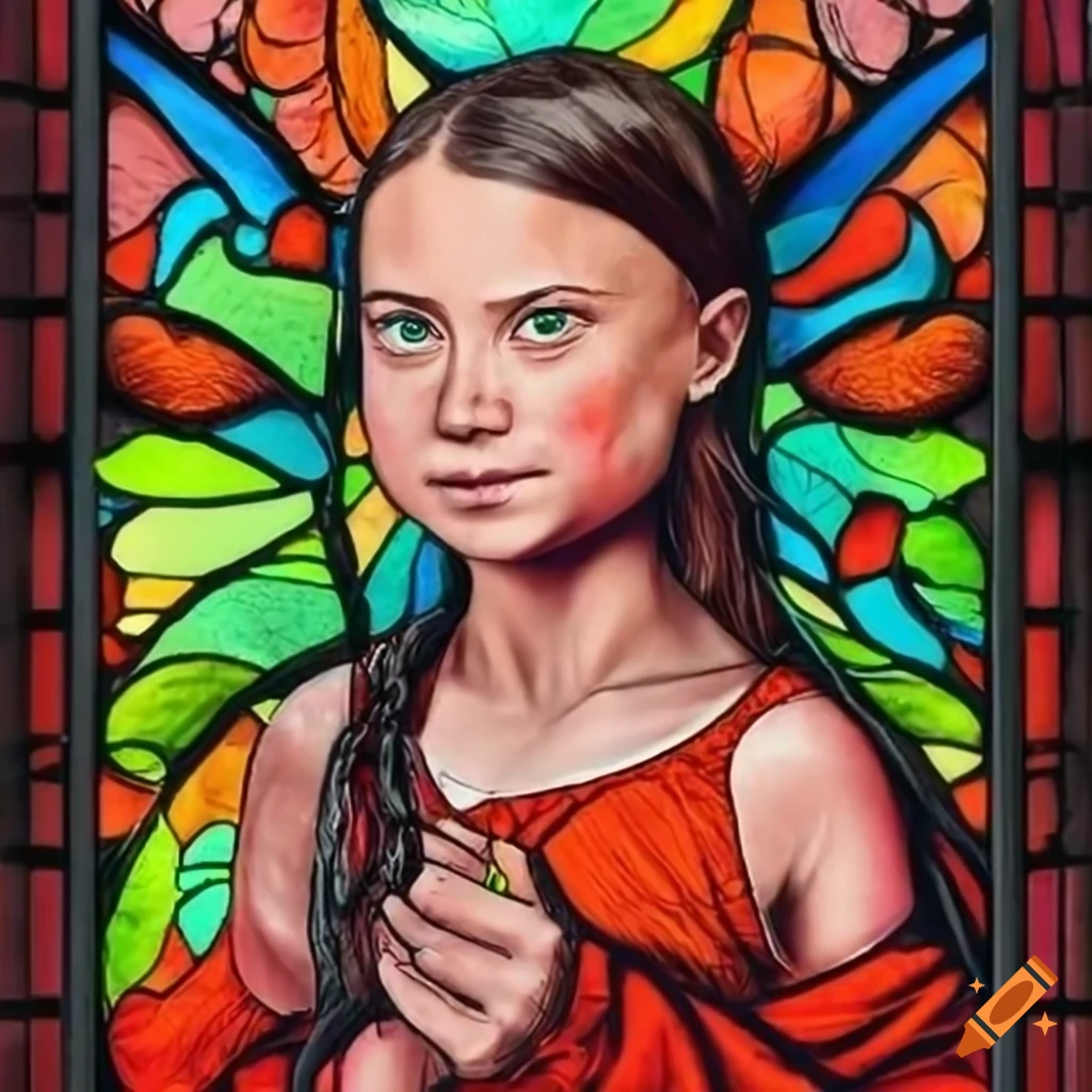 stained glass artwork of Greta Thunberg with koi-inspired design