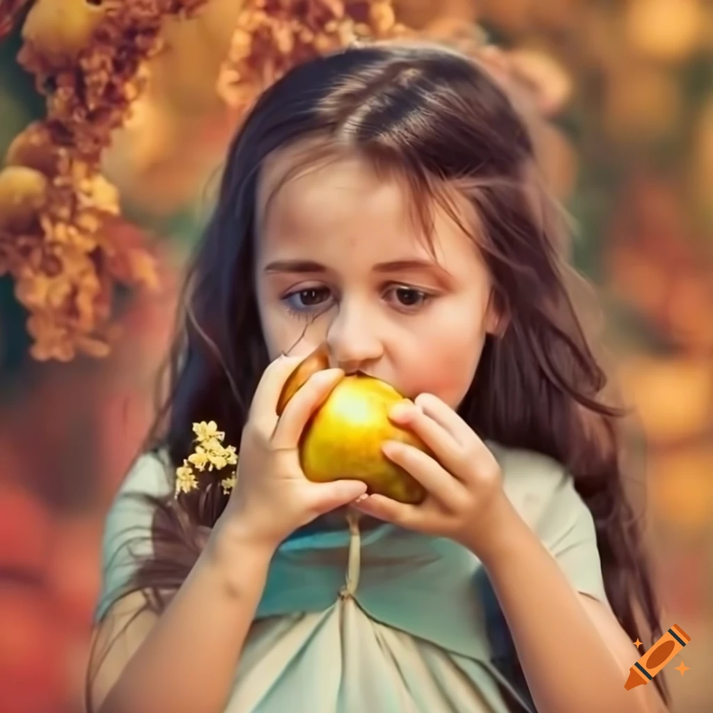 Little girl eating a golden fruit with alheli flowers in background on