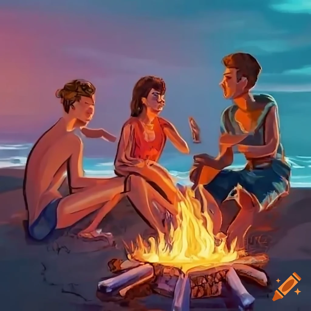youths enjoying a beach bonfire and conversation