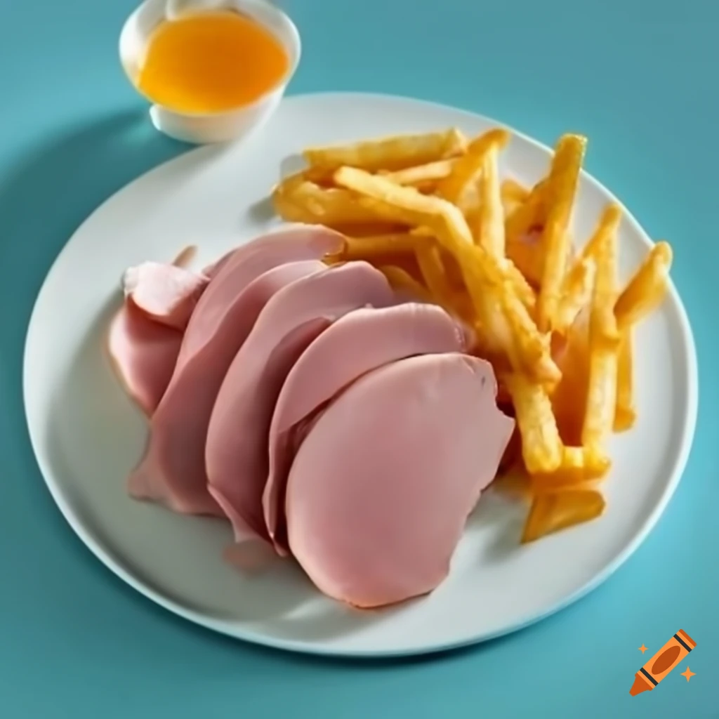 Delicious plate of ham, egg, and chips on Craiyon