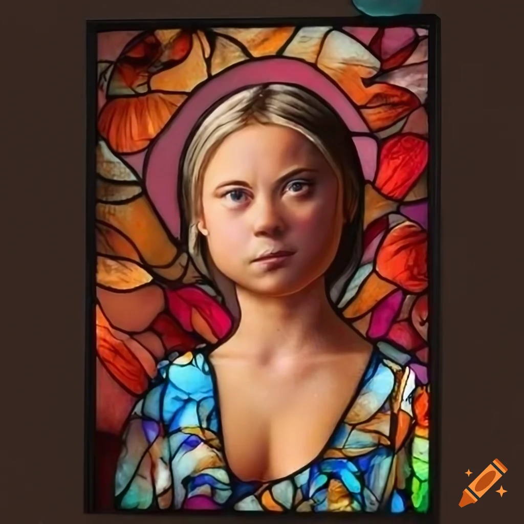 stained glass pinup art of Greta Thunberg