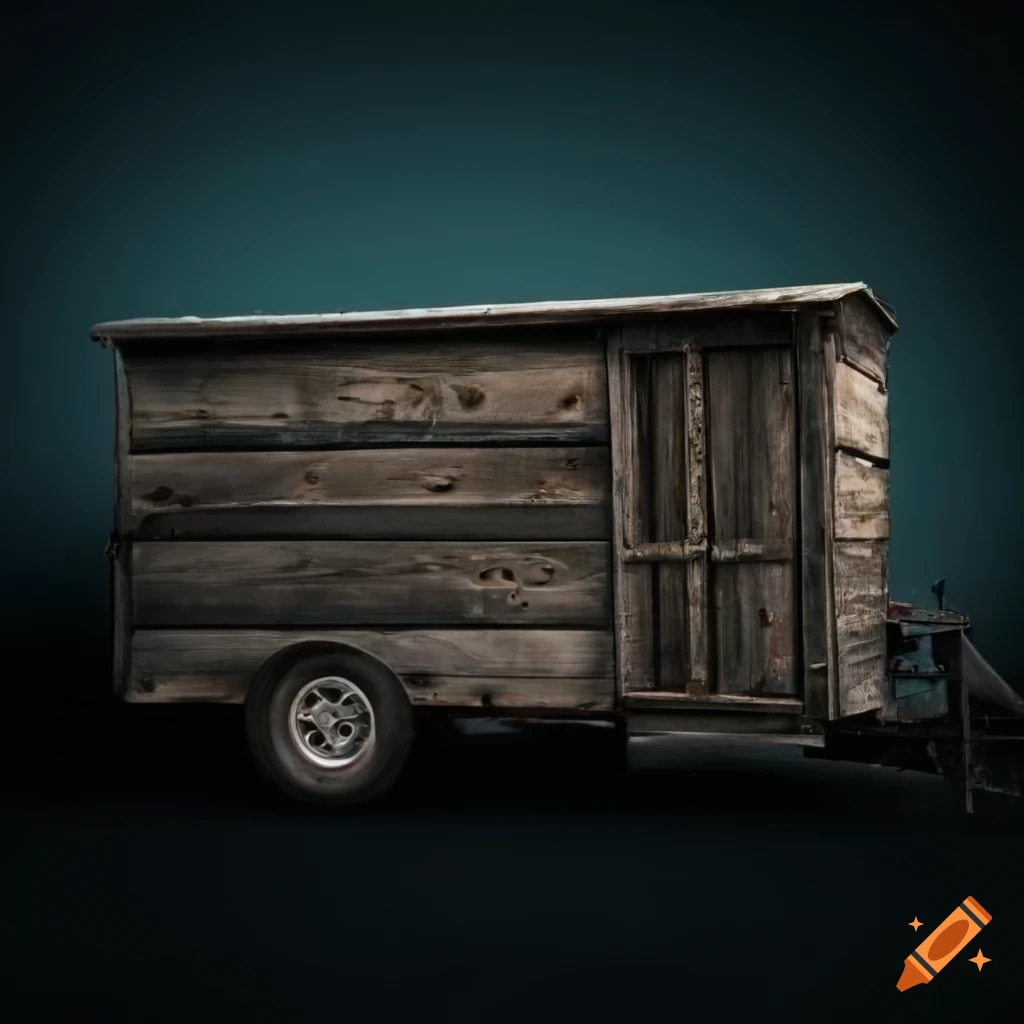 Side view of a rustic empty trailer hitched to a big rig on Craiyon