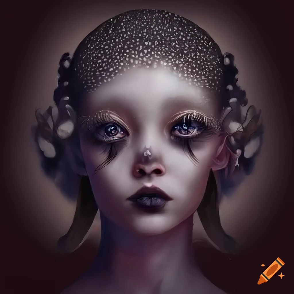 digital art of a black mushroom nymph with white eyes