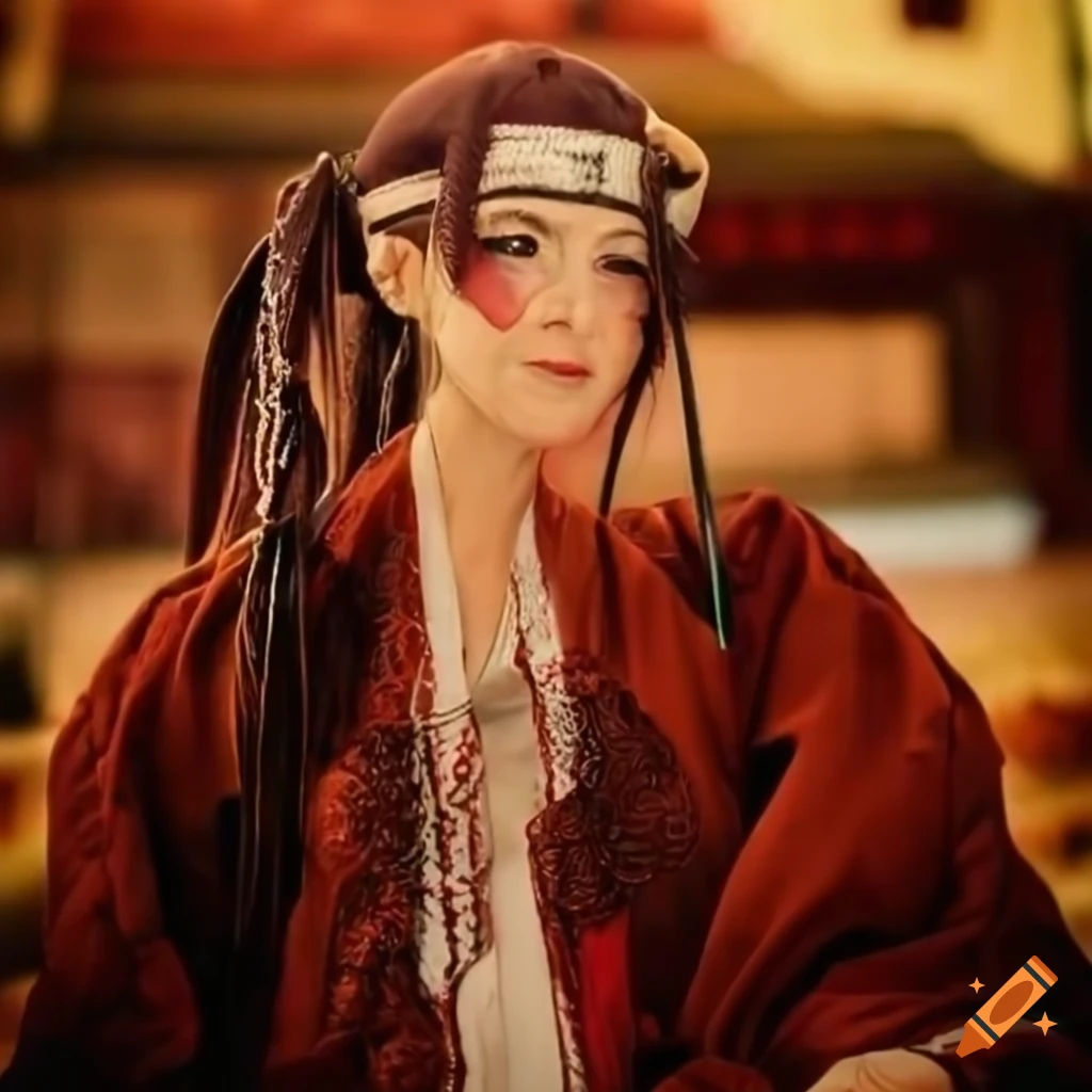 portrait of a wise Asian woman with two ninja geishas