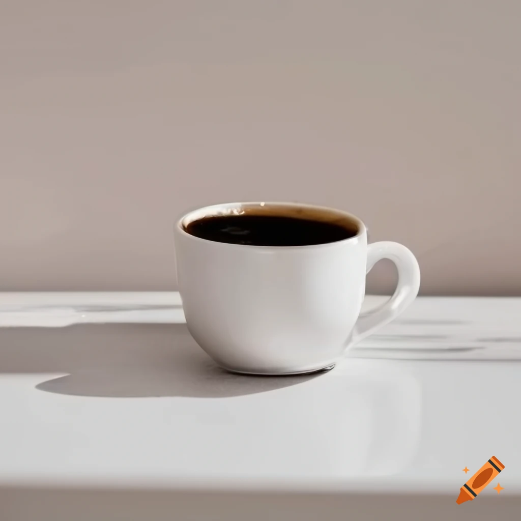 black coffee in a white mug on a white countertop