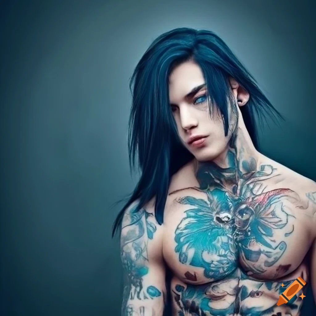 handsome young man with tattoos and stylish long black hair