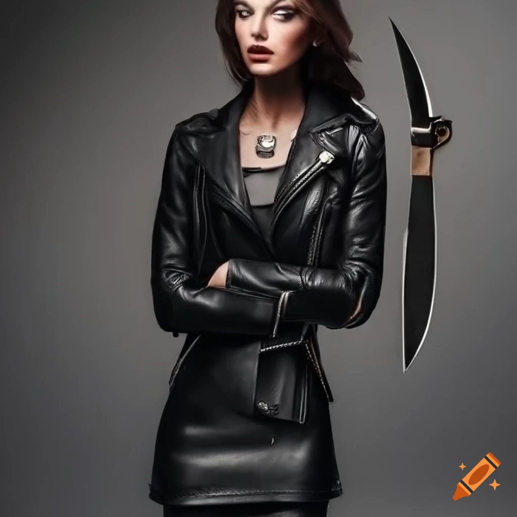 Woman In Black Leather Jacket And Dress With Knives On Craiyon 