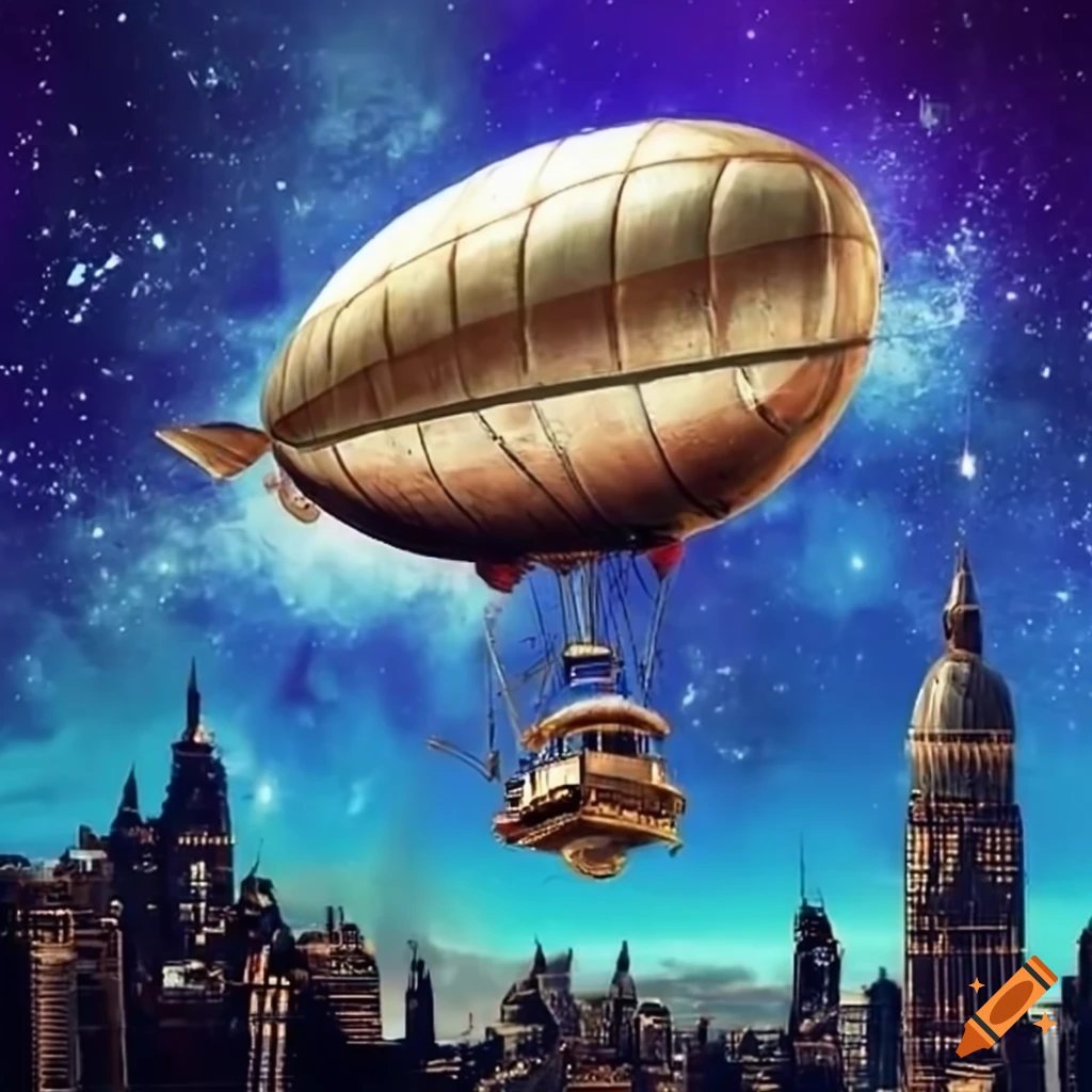 steampunk airship soaring through starry city skies
