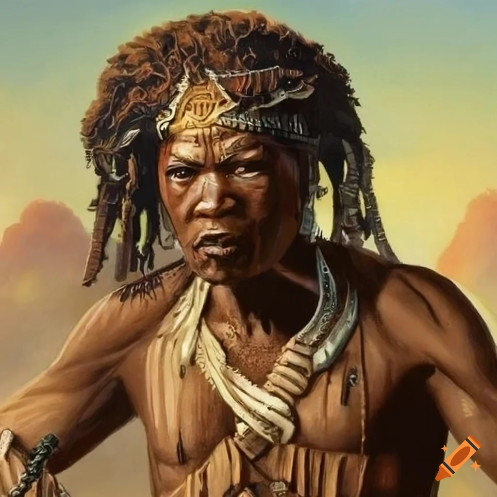 Bushman warrior in intricate bronze age costume
