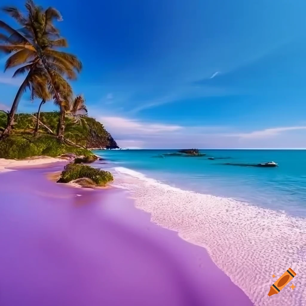 Plage de sable violet et mer turquoise avec des palmiers on Craiyon