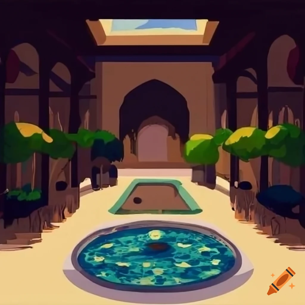 Persian style courtyard with a tree and water feature