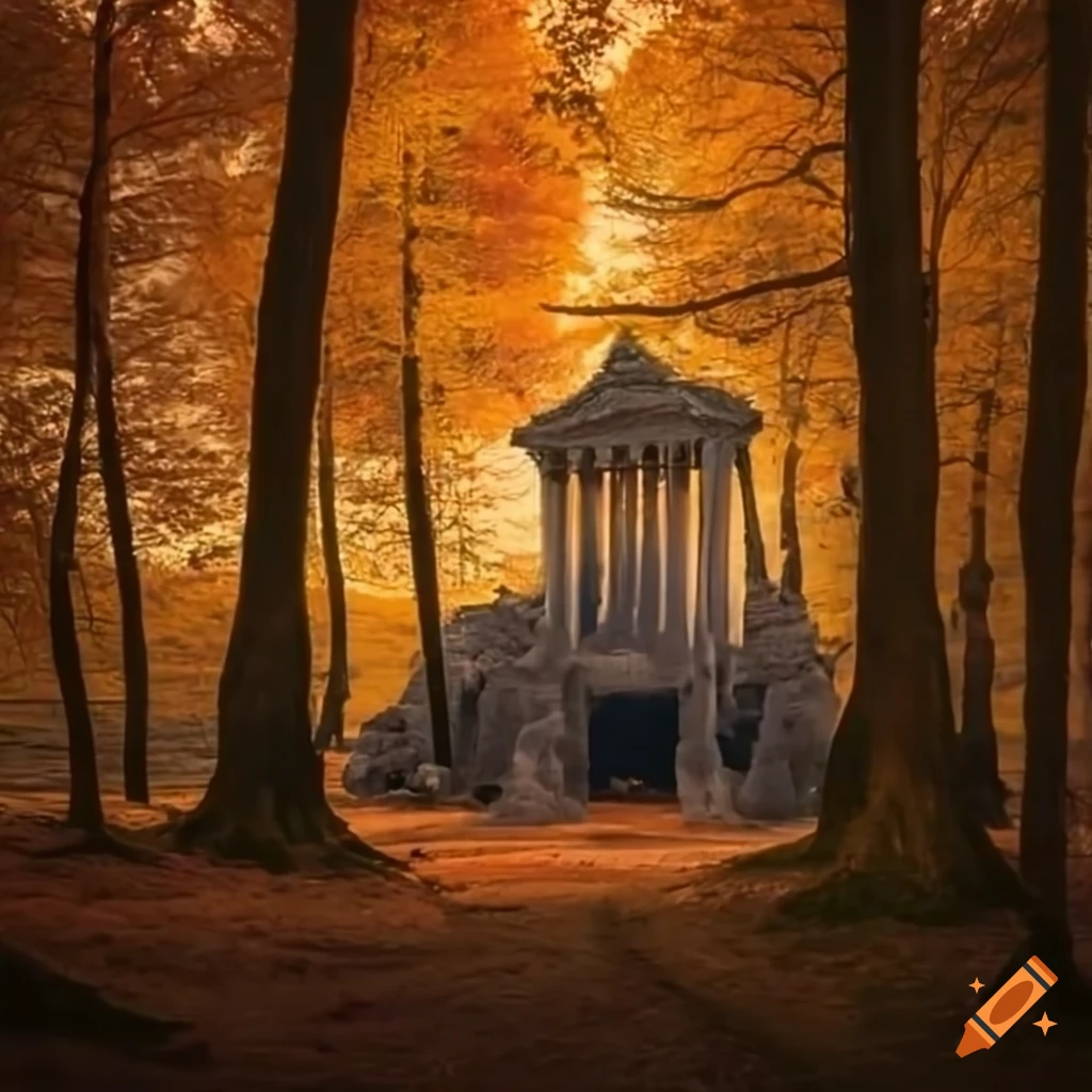 sunset over a melting ice temple in the forest